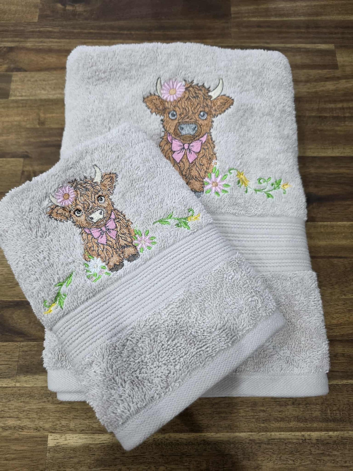 Highland Cow with Bow Embroidered Towel Set