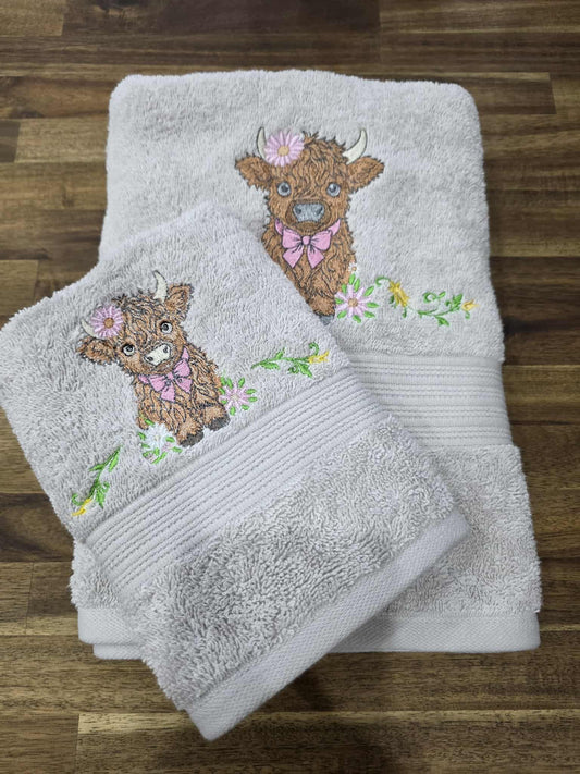Highland Cow with Bow Embroidered Towel Set